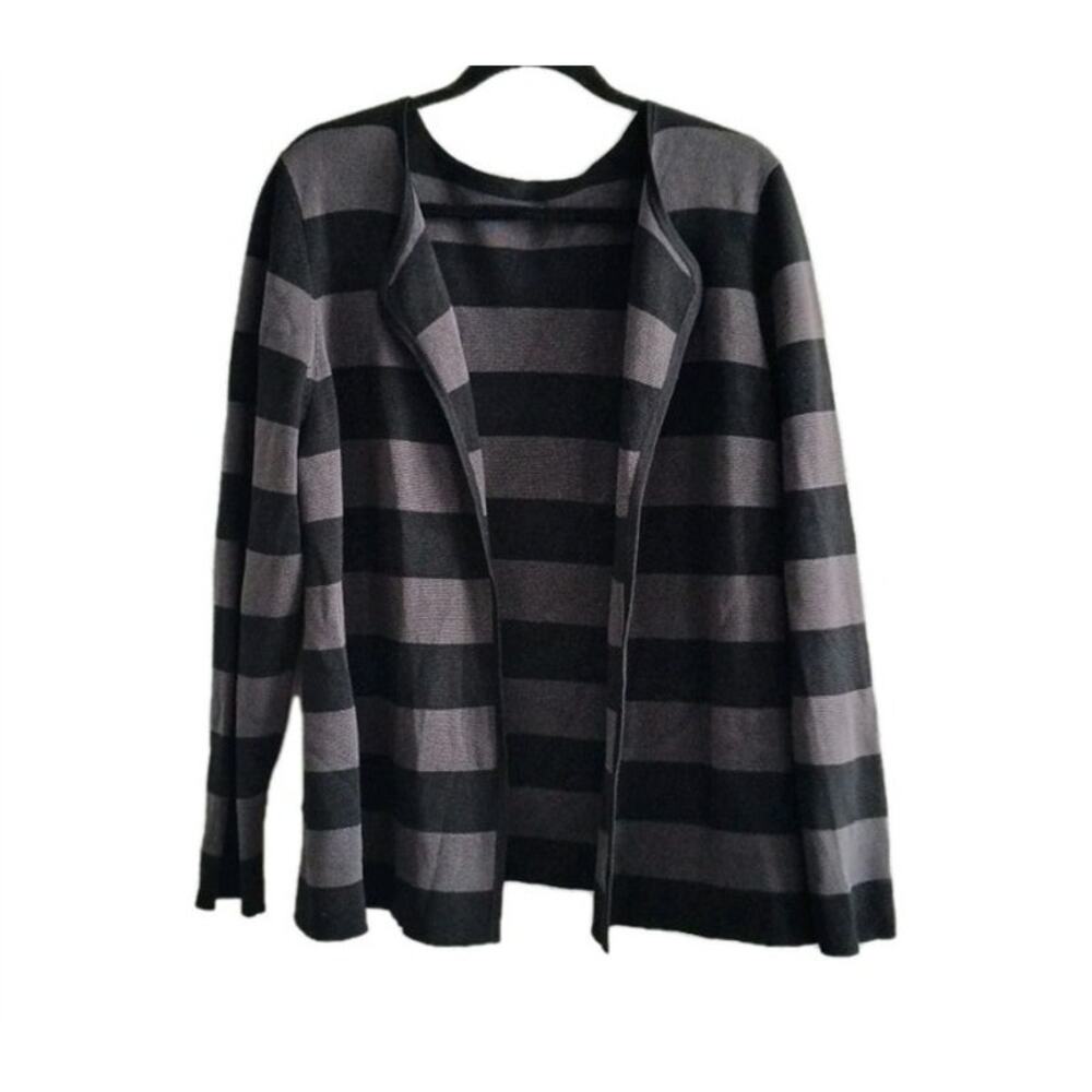 Eileen Fisher XL? Black Gray Striped Open Front Cardigan Silk Blend Thick NEW
